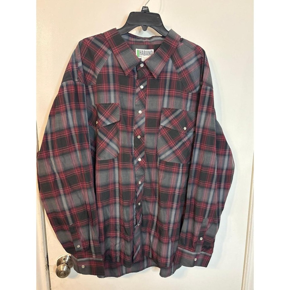 Men's Haband Plaid Long Sleeve Button Down Shirt Red Black Gray Size 4X